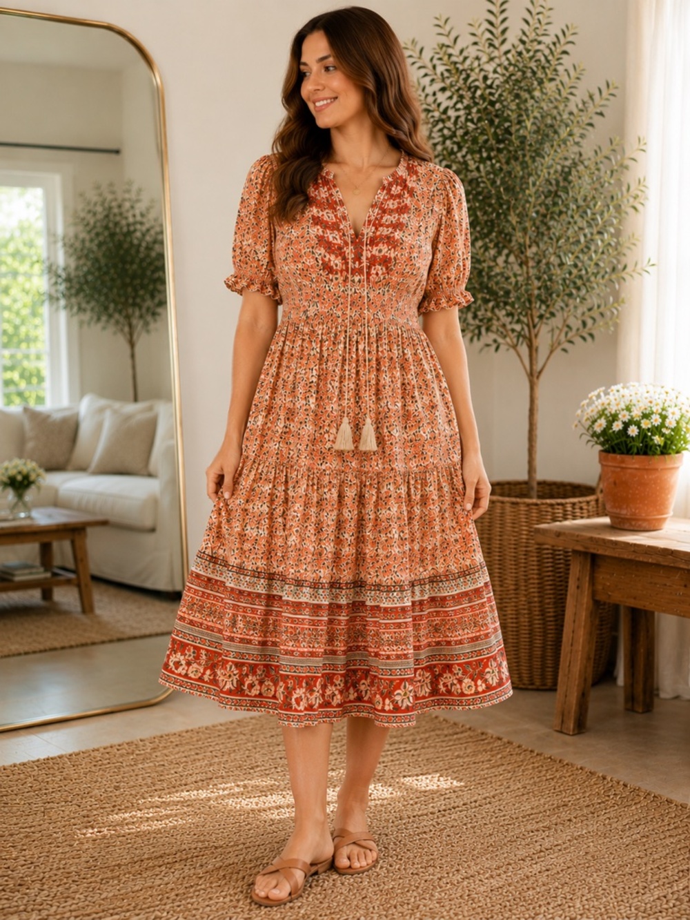 Sundance Boho Floral Prairie Dress Large Cottagecore Festival Midi